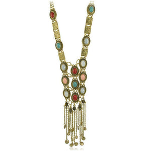 SUNSCSC Vintage Retro Rhinestone Turquoise Long Boho Bohemian Statement Necklace for Women