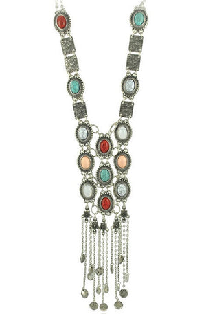 SUNSCSC Vintage Retro Rhinestone Turquoise Long Boho Bohemian Statement Necklace for Women