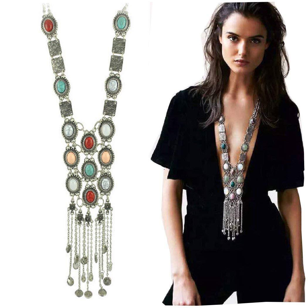 SUNSCSC Vintage Retro Rhinestone Turquoise Long Boho Bohemian Statement Necklace for Women