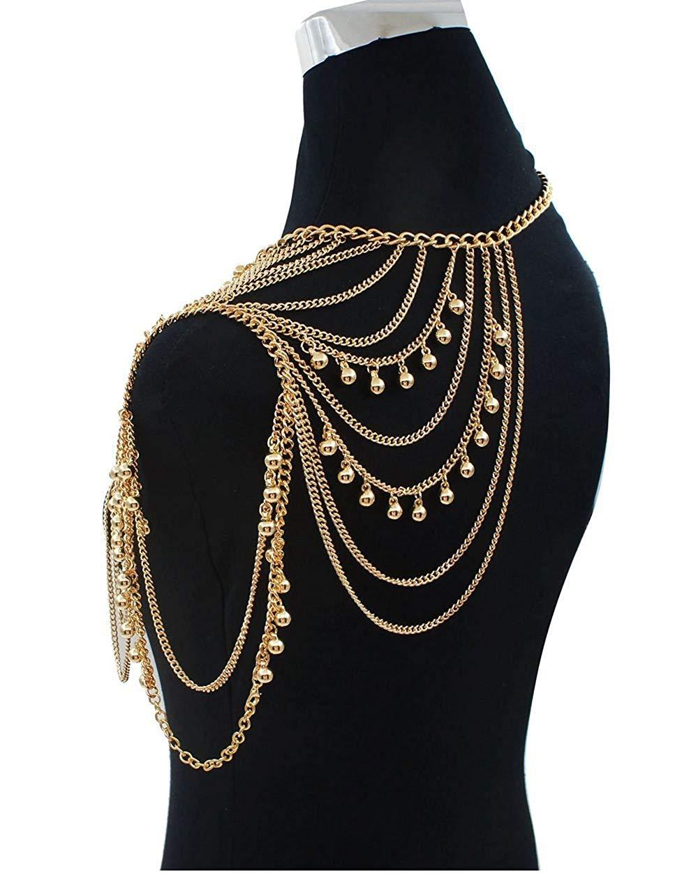 JoJo&Lin Gold Tone Harness Multilayer Body Chain with Beads Necklace Love Rocks Shoulder Drape