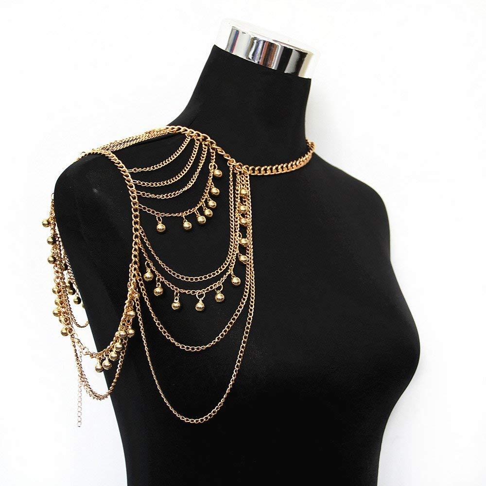 JoJo&Lin Gold Tone Harness Multilayer Body Chain with Beads Necklace Love Rocks Shoulder Drape