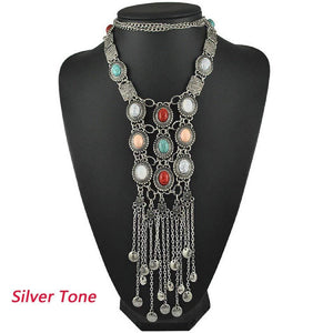 SUNSCSC Vintage Retro Rhinestone Turquoise Long Boho Bohemian Statement Necklace for Women