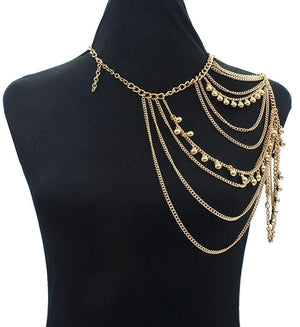 JoJo&Lin Gold Tone Harness Multilayer Body Chain with Beads Necklace Love Rocks Shoulder Drape