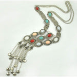 SUNSCSC Vintage Retro Rhinestone Turquoise Long Boho Bohemian Statement Necklace for Women