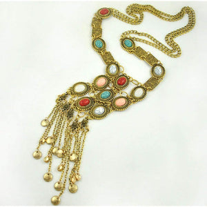 SUNSCSC Vintage Retro Rhinestone Turquoise Long Boho Bohemian Statement Necklace for Women