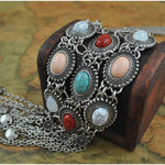 SUNSCSC Vintage Retro Rhinestone Turquoise Long Boho Bohemian Statement Necklace for Women