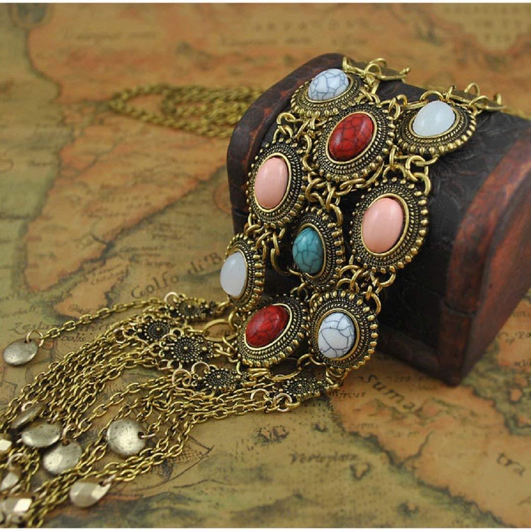 SUNSCSC Vintage Retro Rhinestone Turquoise Long Boho Bohemian Statement Necklace for Women