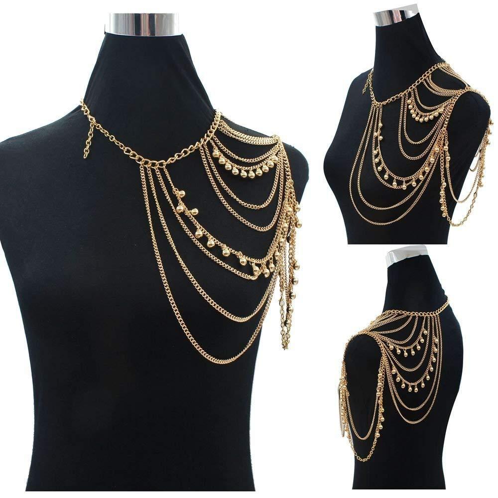 JoJo&Lin Gold Tone Harness Multilayer Body Chain with Beads Necklace Love Rocks Shoulder Drape