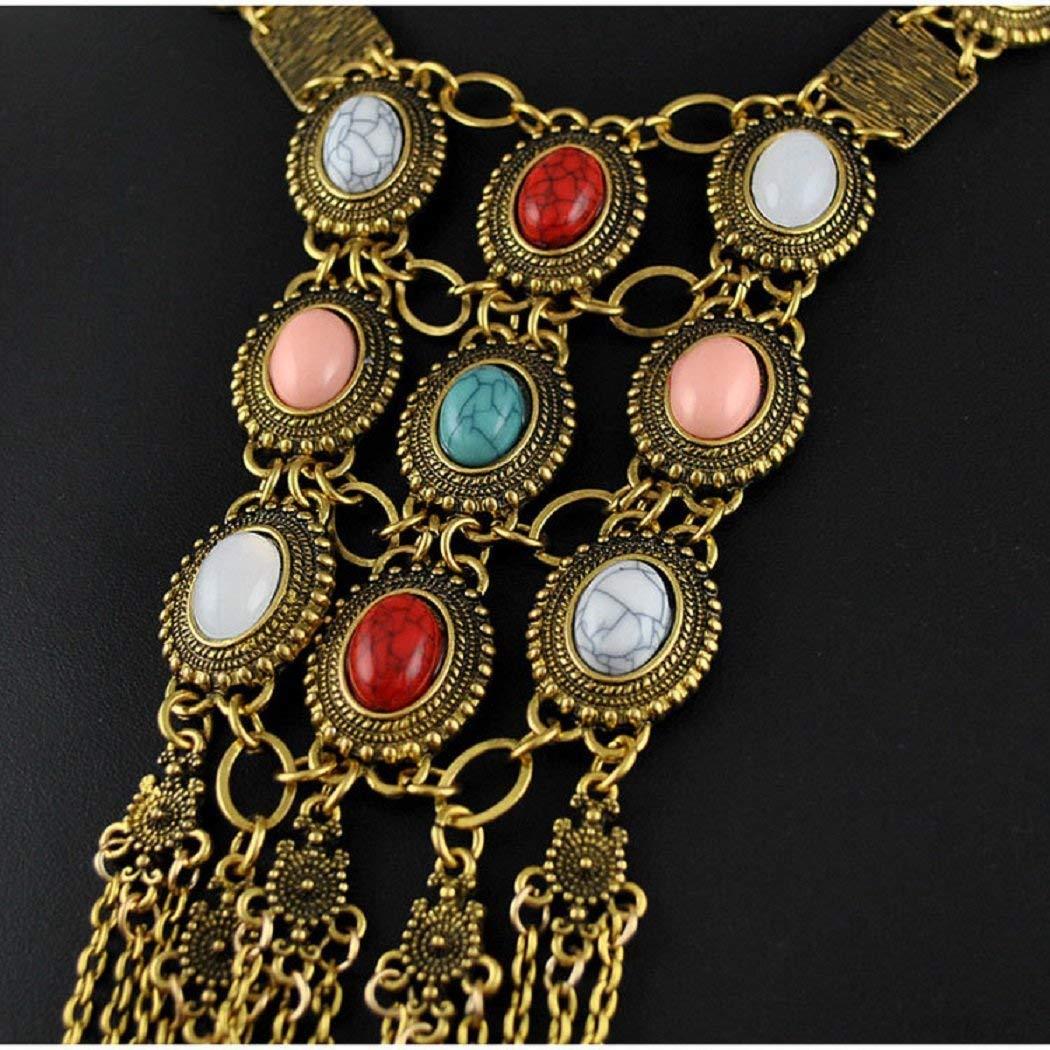 SUNSCSC Vintage Retro Rhinestone Turquoise Long Boho Bohemian Statement Necklace for Women