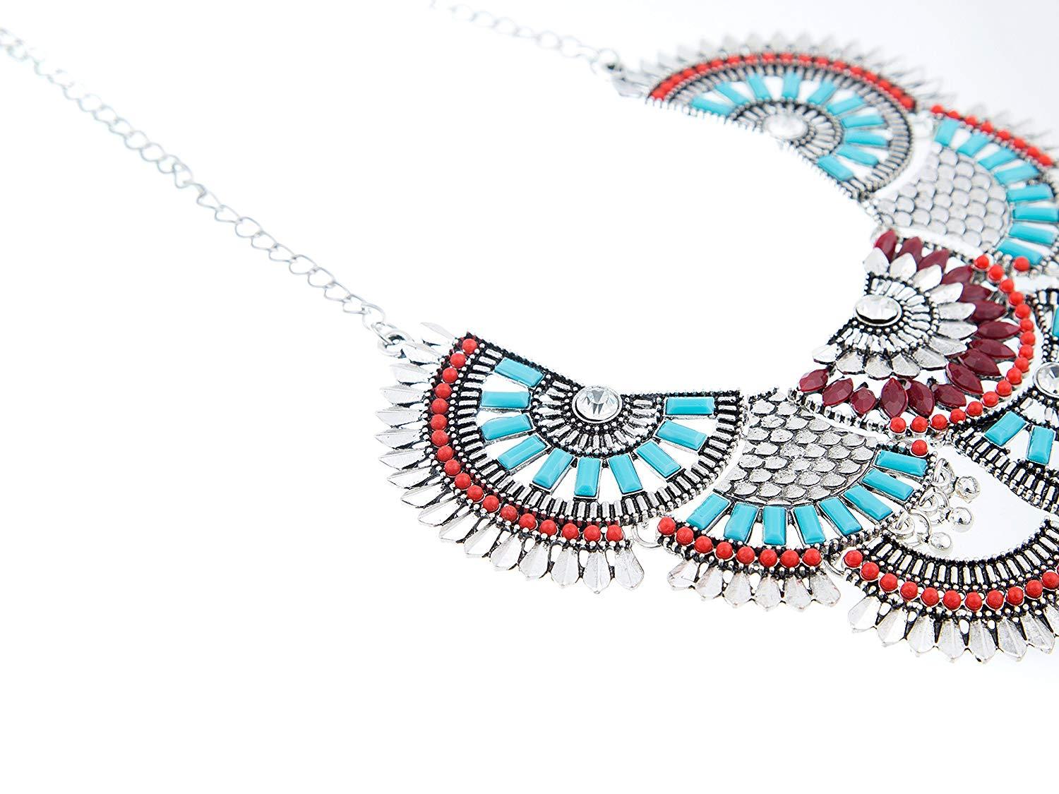 Miraculous Garden Womens Vintage Alloy Silver/Gold Boho Bohemian Necklace Ethnic Tribal Boho Necklace Turquoise Beads Crystal Necklace