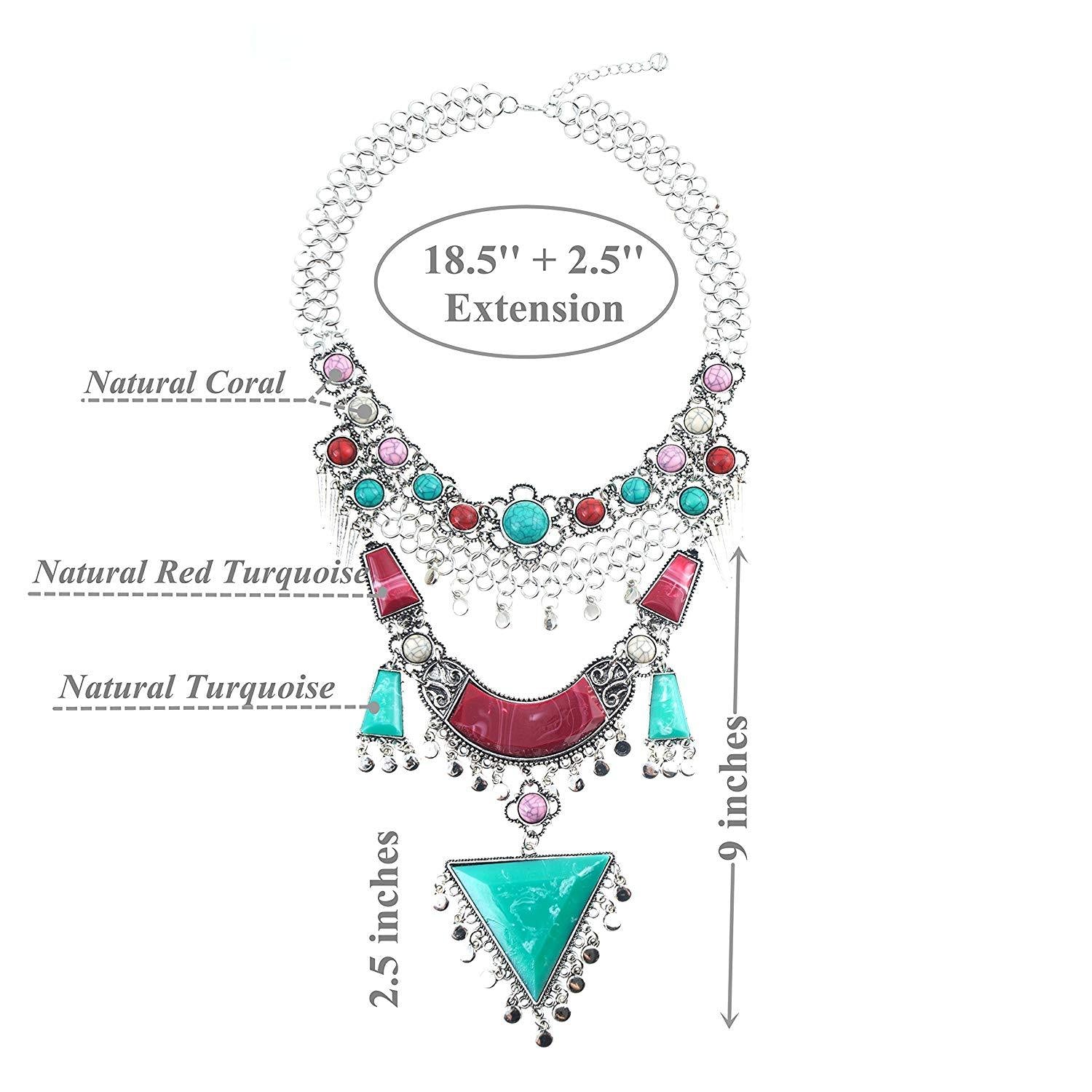 Miraculous Garden Womens Vintage Alloy Silver/Gold Long Boho Bohemian Necklace Ethnic Tribal Boho Necklace Geometry Red Turquoise Beads Statement Necklace