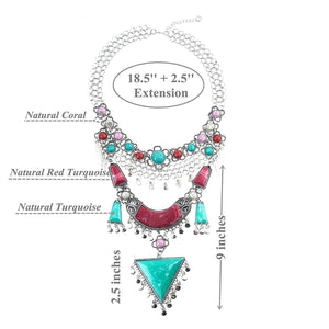 Miraculous Garden Womens Vintage Alloy Silver/Gold Long Boho Bohemian Necklace Ethnic Tribal Boho Necklace Geometry Red Turquoise Beads Statement Necklace