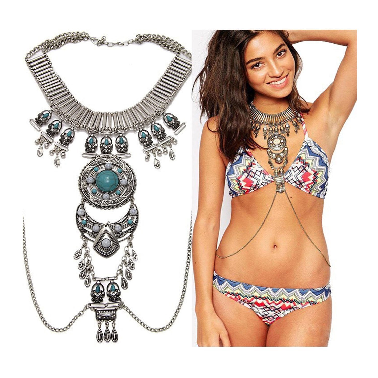 KissYan Vintage Boho Statement Necklace Crossover Harness Bikini Waist Belly Body Chains Necklace Silver Long Turquoise Necklace for Women