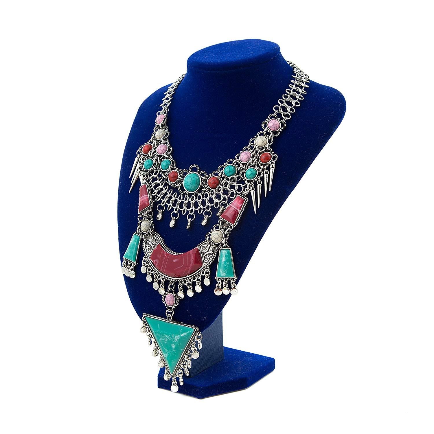 Miraculous Garden Womens Vintage Alloy Silver/Gold Long Boho Bohemian Necklace Ethnic Tribal Boho Necklace Geometry Red Turquoise Beads Statement Necklace