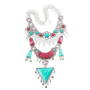 Miraculous Garden Womens Vintage Alloy Silver/Gold Long Boho Bohemian Necklace Ethnic Tribal Boho Necklace Geometry Red Turquoise Beads Statement Necklace