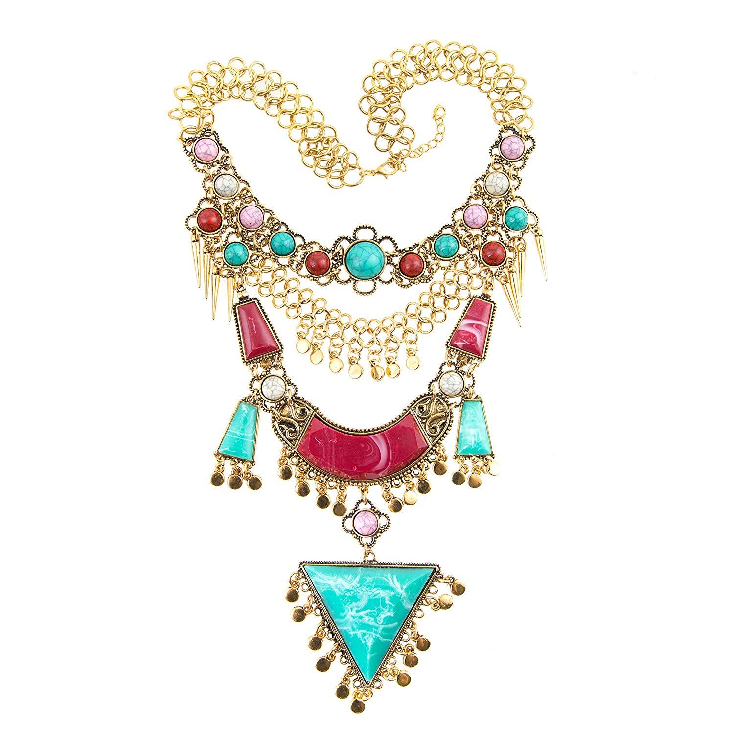 Miraculous Garden Womens Vintage Alloy Silver/Gold Long Boho Bohemian Necklace Ethnic Tribal Boho Necklace Geometry Red Turquoise Beads Statement Necklace