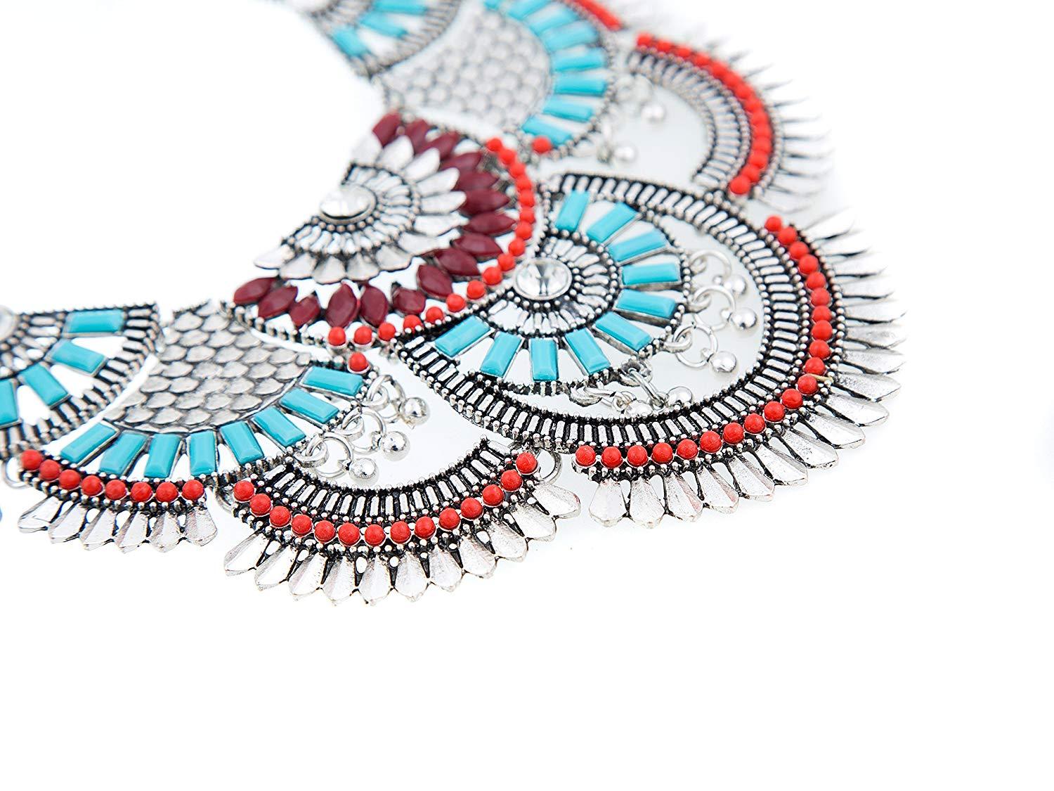 Miraculous Garden Womens Vintage Alloy Silver/Gold Boho Bohemian Necklace Ethnic Tribal Boho Necklace Turquoise Beads Crystal Necklace