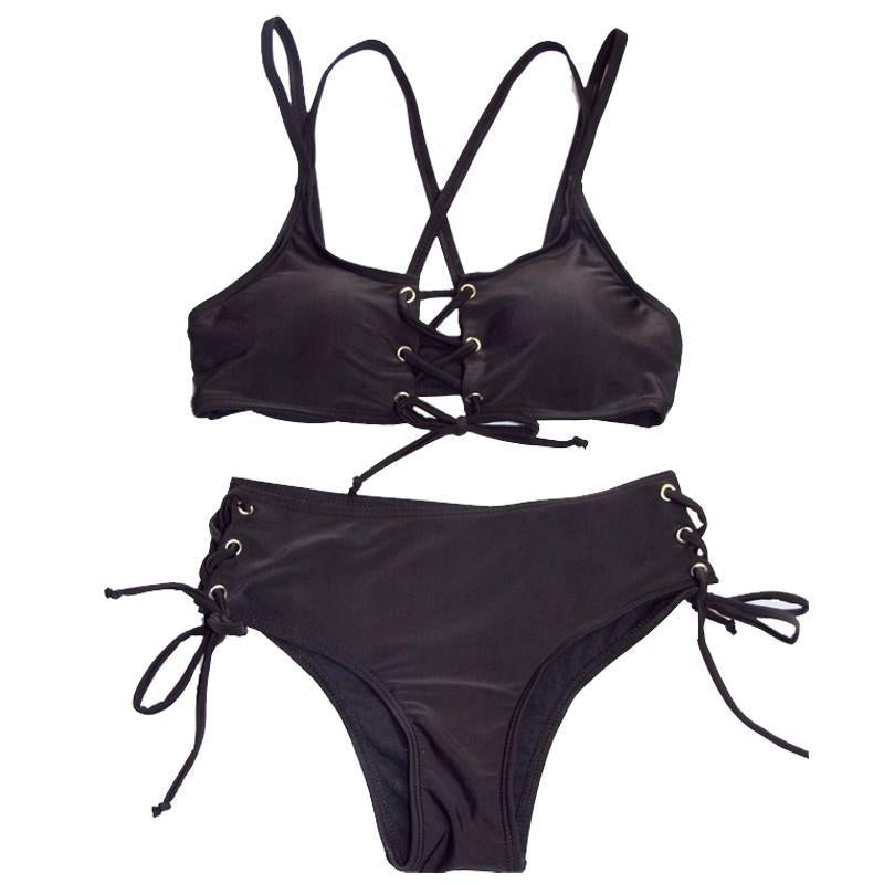 Black Tie Lace Bandage Bikini Strappy Swim