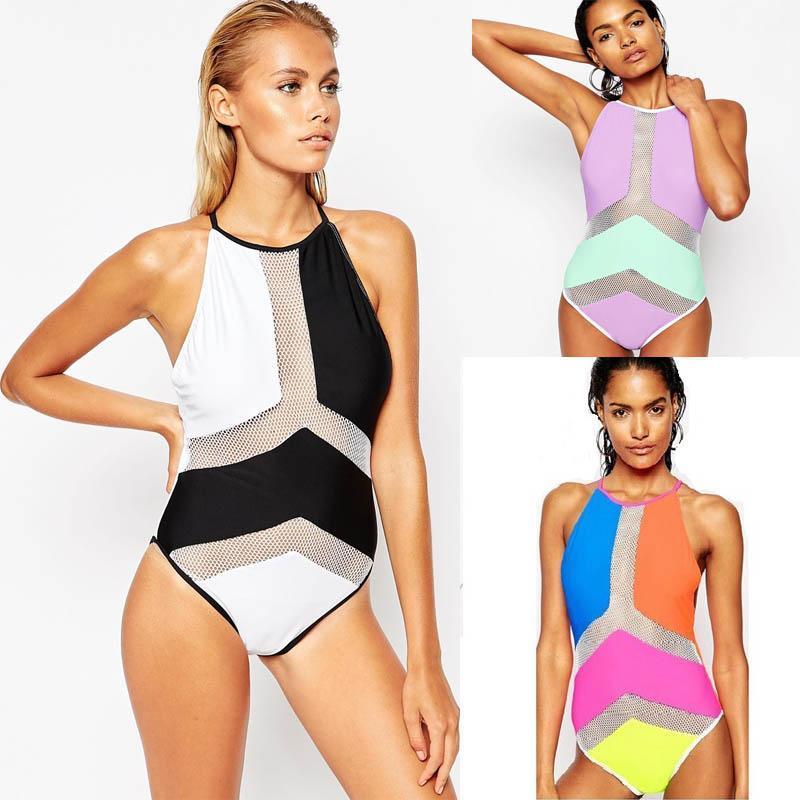 Sexy Mesh Monokini High Neck One Piece Women Swimsuit