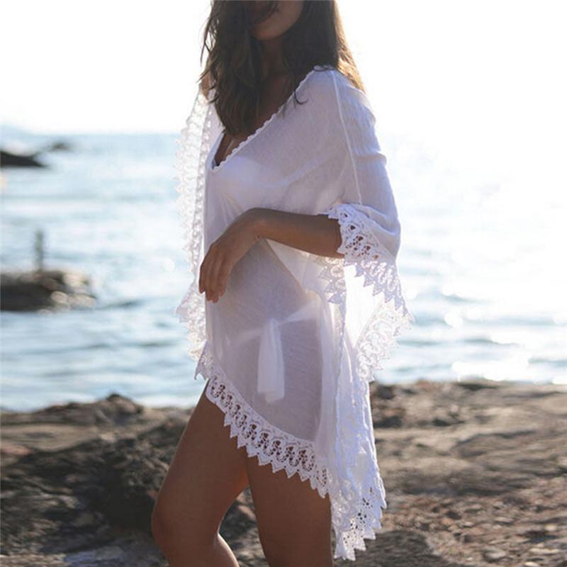 Solid Lace Tshirt V-Neckline Sheath Cover-up