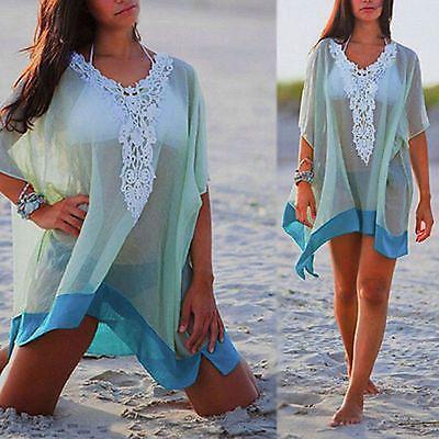 Sexy See Through Lace Patchwork Half Sleeve Beach Cover Up Dress