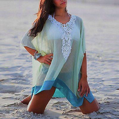 Sexy See Through Lace Patchwork Half Sleeve Beach Cover Up Dress