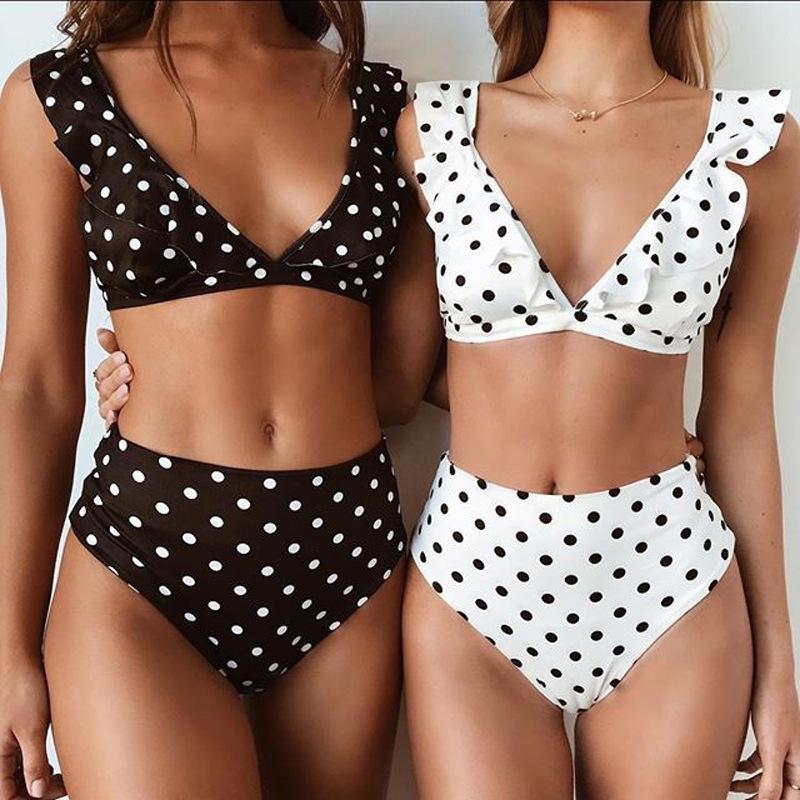 Retro Lovely V Neck White Black Polka